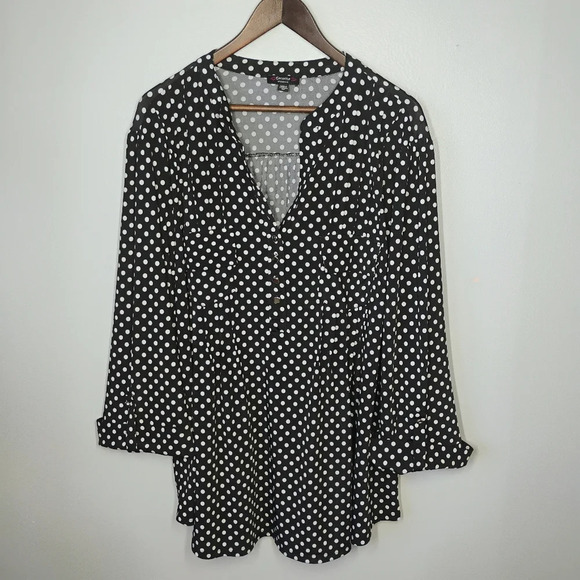 Cocomo Polka Dot Blouse Roll Tab Sleeve Pleated Relaxed Fit Black White Size 3X - Picture 11 of 11